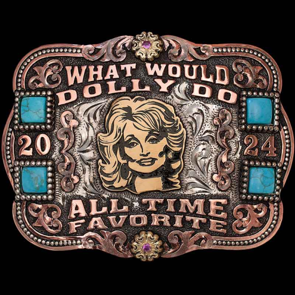 "What would Dolly do?! This beautiful specialty buckle is crafted on a hand-engraved, German Sivler base with our signature antique finish. Detailed with Copper edges, scrolls, lettering, Jewelers Bronze flowers, and an image of Dolly right in the mi